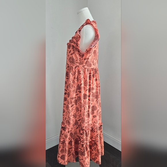 Universal Thread Coral and Brown Floral Ruffled Tiered Midi Sundress Size Small - Picture 6 of 12